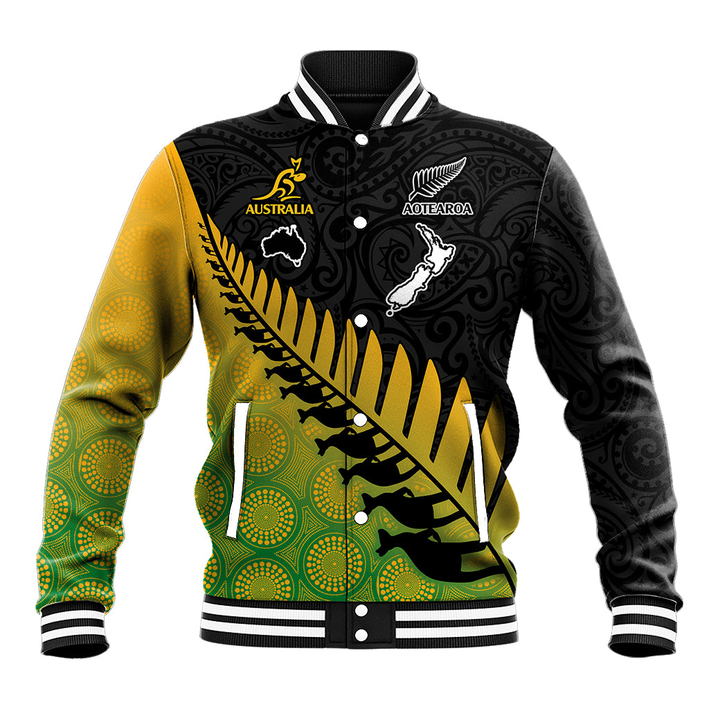 Australia Wallabies and Aotearoa Rugby Baseball Jacket Kangaroo Black Fern Maori Gradient Vibe LT9 Unisex Gradient - Polynesian Pride