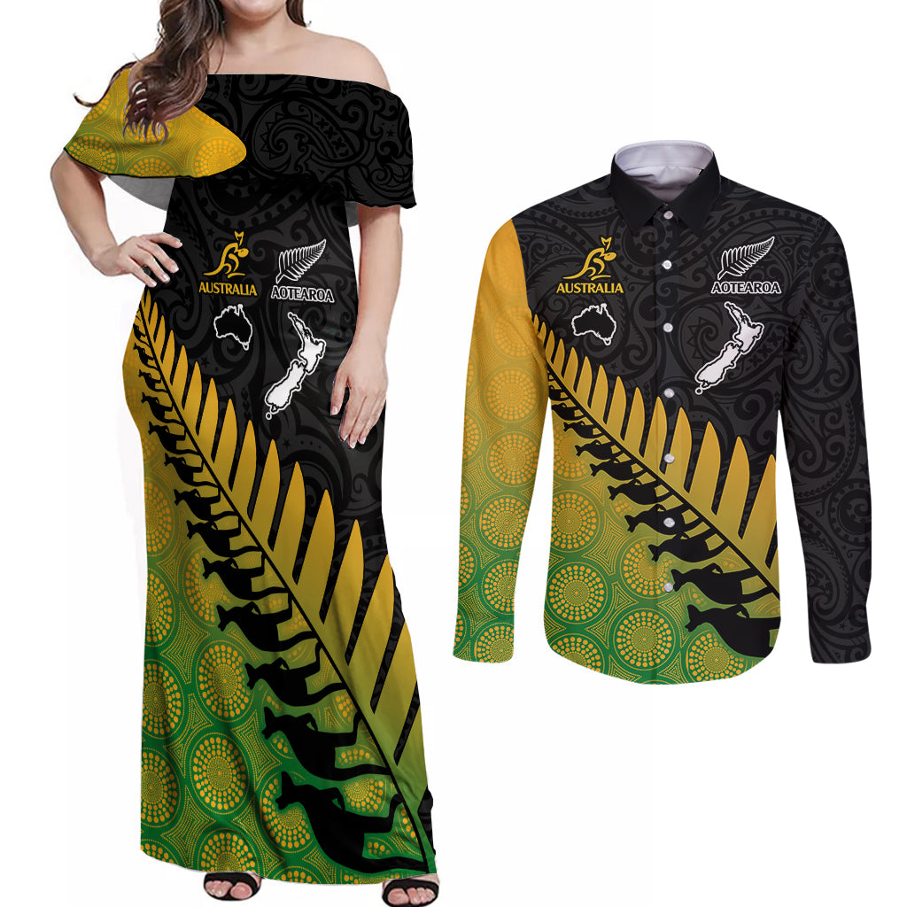 Australia Wallabies and Aotearoa Rugby Couples Matching Off Shoulder Maxi Dress and Long Sleeve Button Shirts Kangaroo Black Fern Maori Gradient Vibe LT9 Gradient - Polynesian Pride