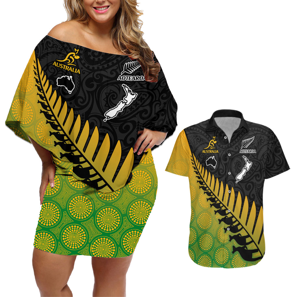 Australia Wallabies and Aotearoa Rugby Couples Matching Off Shoulder Short Dress and Hawaiian Shirt Kangaroo Black Fern Maori Gradient Vibe LT9 Gradient - Polynesian Pride