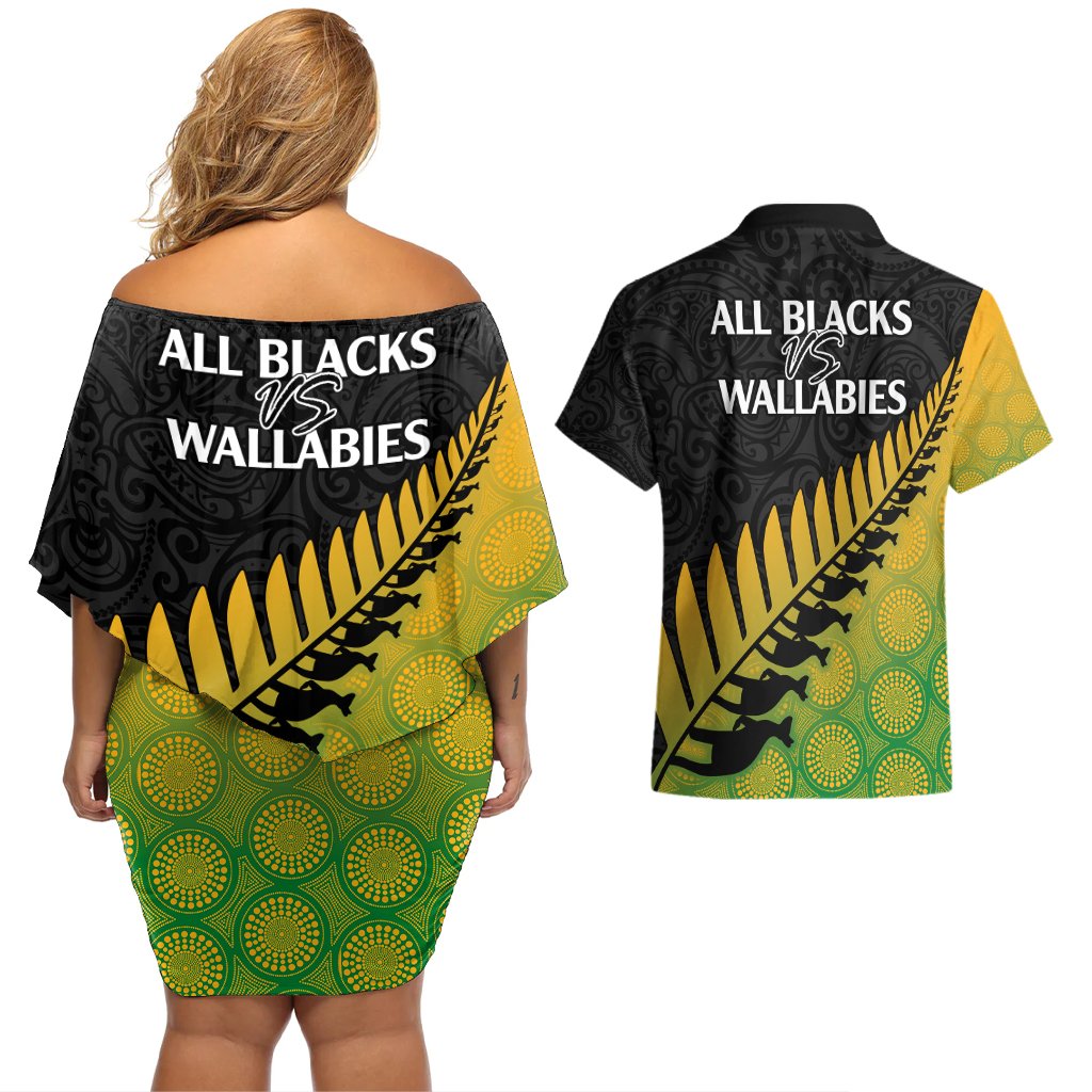 Australia Wallabies and Aotearoa Rugby Couples Matching Off Shoulder Short Dress and Hawaiian Shirt Kangaroo Black Fern Maori Gradient Vibe LT9 - Polynesian Pride