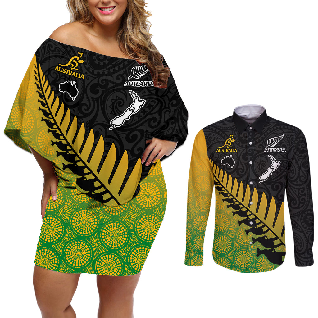 Australia Wallabies and Aotearoa Rugby Couples Matching Off Shoulder Short Dress and Long Sleeve Button Shirts Kangaroo Black Fern Maori Gradient Vibe LT9 Gradient - Polynesian Pride