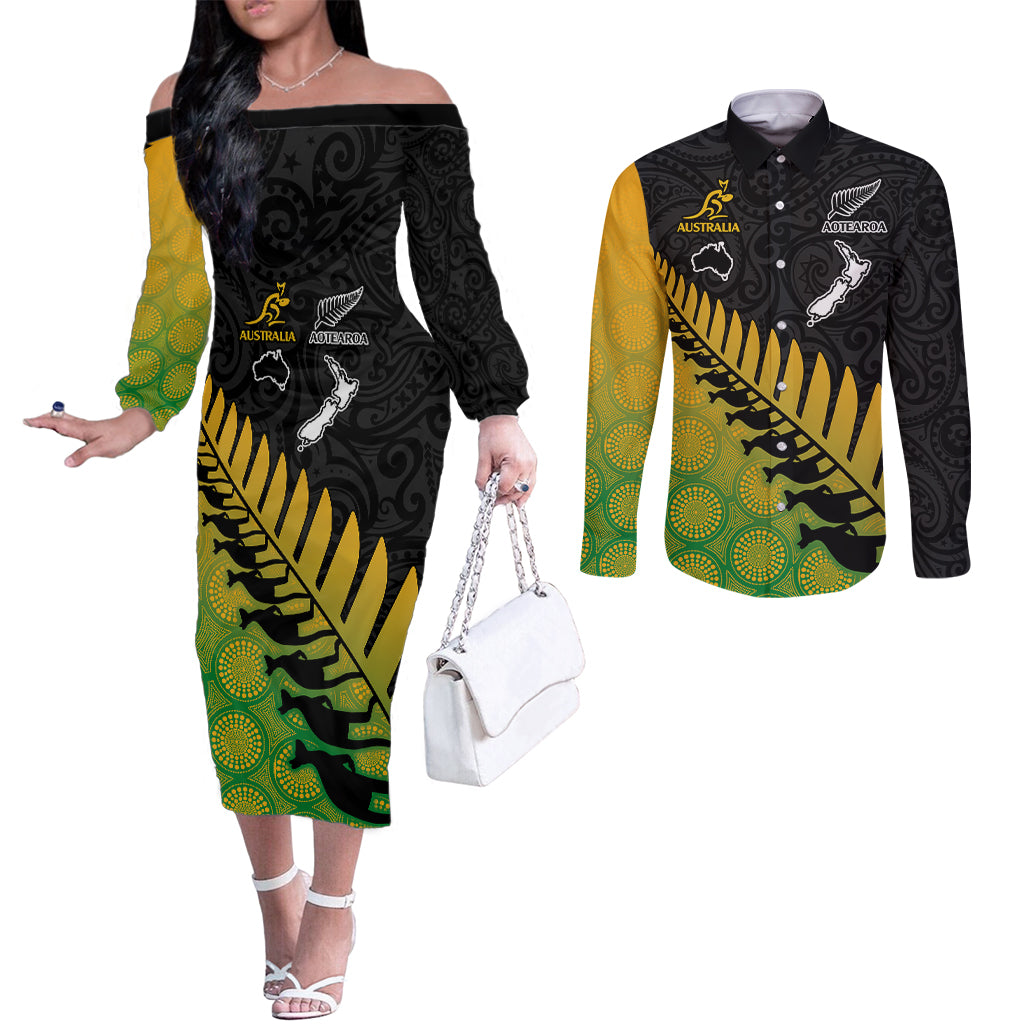 Australia Wallabies and Aotearoa Rugby Couples Matching Off The Shoulder Long Sleeve Dress and Long Sleeve Button Shirts Kangaroo Black Fern Maori Gradient Vibe LT9 Gradient - Polynesian Pride