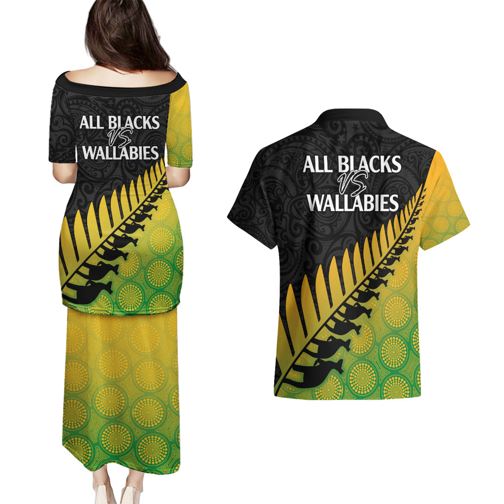 Australia Wallabies and Aotearoa Rugby Couples Matching Puletasi Dress and Hawaiian Shirt Kangaroo Black Fern Maori Gradient Vibe LT9 - Polynesian Pride