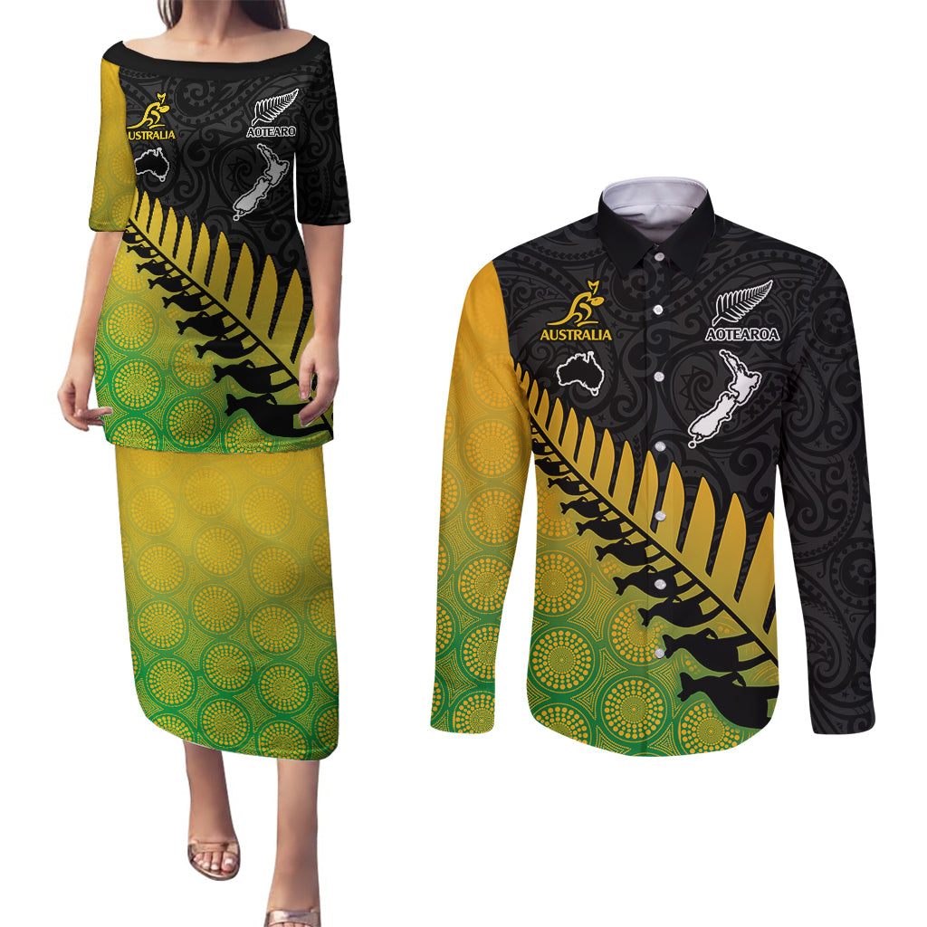 Australia Wallabies and Aotearoa Rugby Couples Matching Puletasi Dress and Long Sleeve Button Shirts Kangaroo Black Fern Maori Gradient Vibe LT9 Gradient - Polynesian Pride