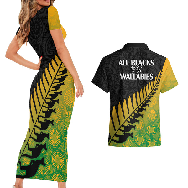 Australia Wallabies and Aotearoa Rugby Couples Matching Summer Maxi Dress and Long Sleeve Button Shirts Kangaroo Black Fern Maori Green Vibe LT9 main image 1