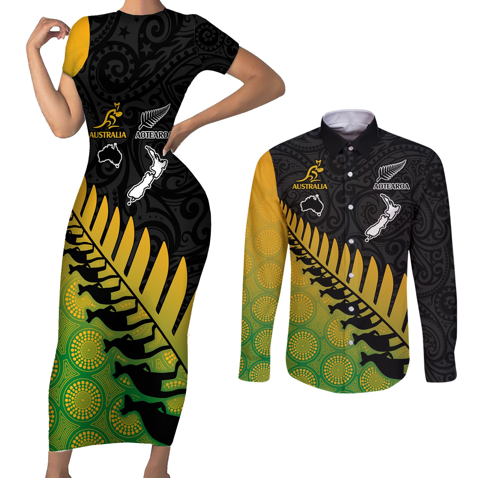 Australia Wallabies and Aotearoa Rugby Couples Matching Short Sleeve Bodycon Dress and Long Sleeve Button Shirts Kangaroo Black Fern Maori Gradient Vibe LT9 Gradient - Polynesian Pride