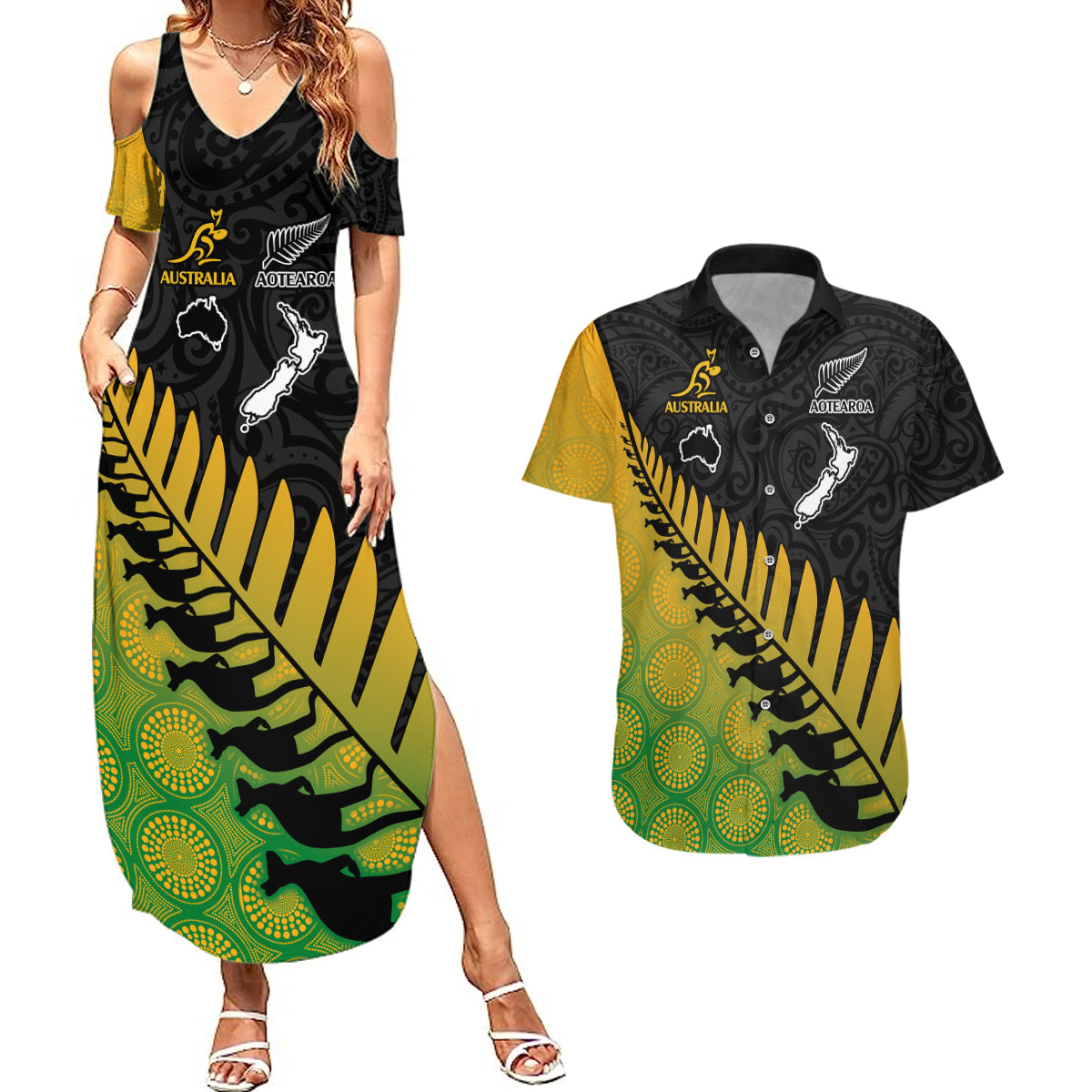 Australia Wallabies and Aotearoa Rugby Couples Matching Summer Maxi Dress and Hawaiian Shirt Kangaroo Black Fern Maori Gradient Vibe LT9 Gradient - Polynesian Pride