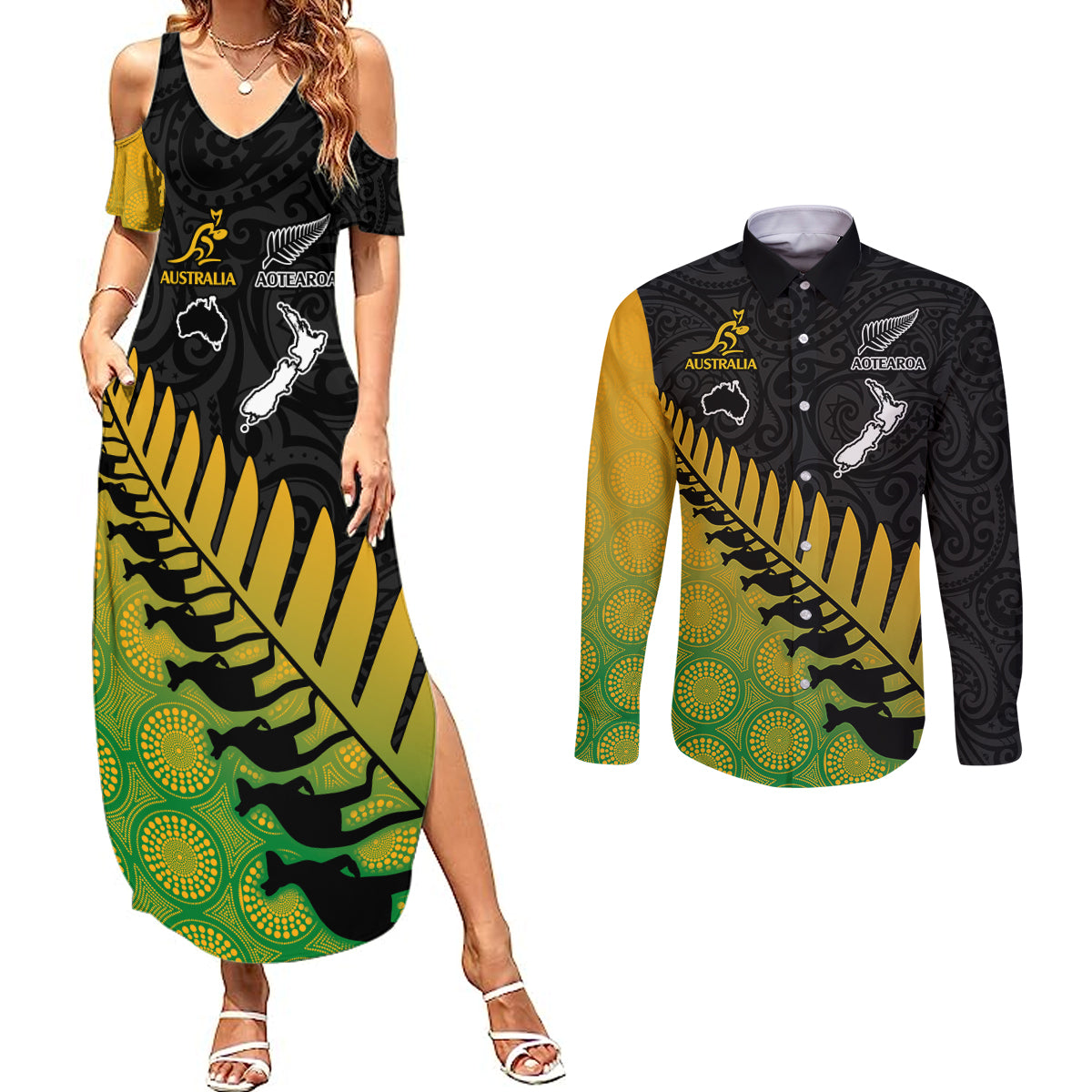 Australia Wallabies and Aotearoa Rugby Couples Matching Summer Maxi Dress and Long Sleeve Button Shirts Kangaroo Black Fern Maori Gradient Vibe LT9 Gradient - Polynesian Pride