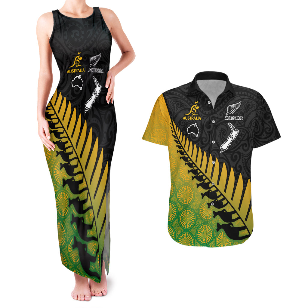 Australia Wallabies and Aotearoa Rugby Couples Matching Tank Maxi Dress And Hawaiian Shirt Kangaroo Black Fern Maori Gradient Vibe LT9 Gradient - Polynesian Pride