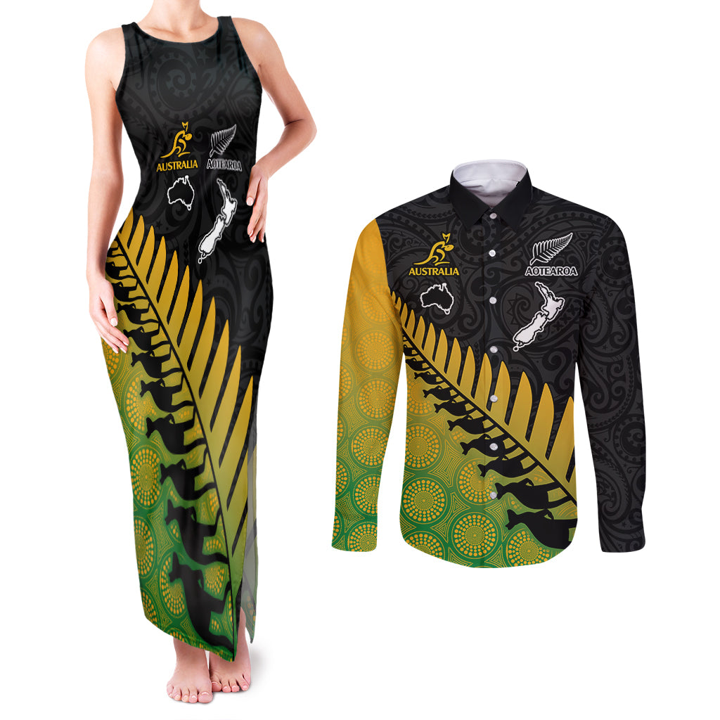 Australia Wallabies and Aotearoa Rugby Couples Matching Tank Maxi Dress and Long Sleeve Button Shirts Kangaroo Black Fern Maori Gradient Vibe LT9 Gradient - Polynesian Pride