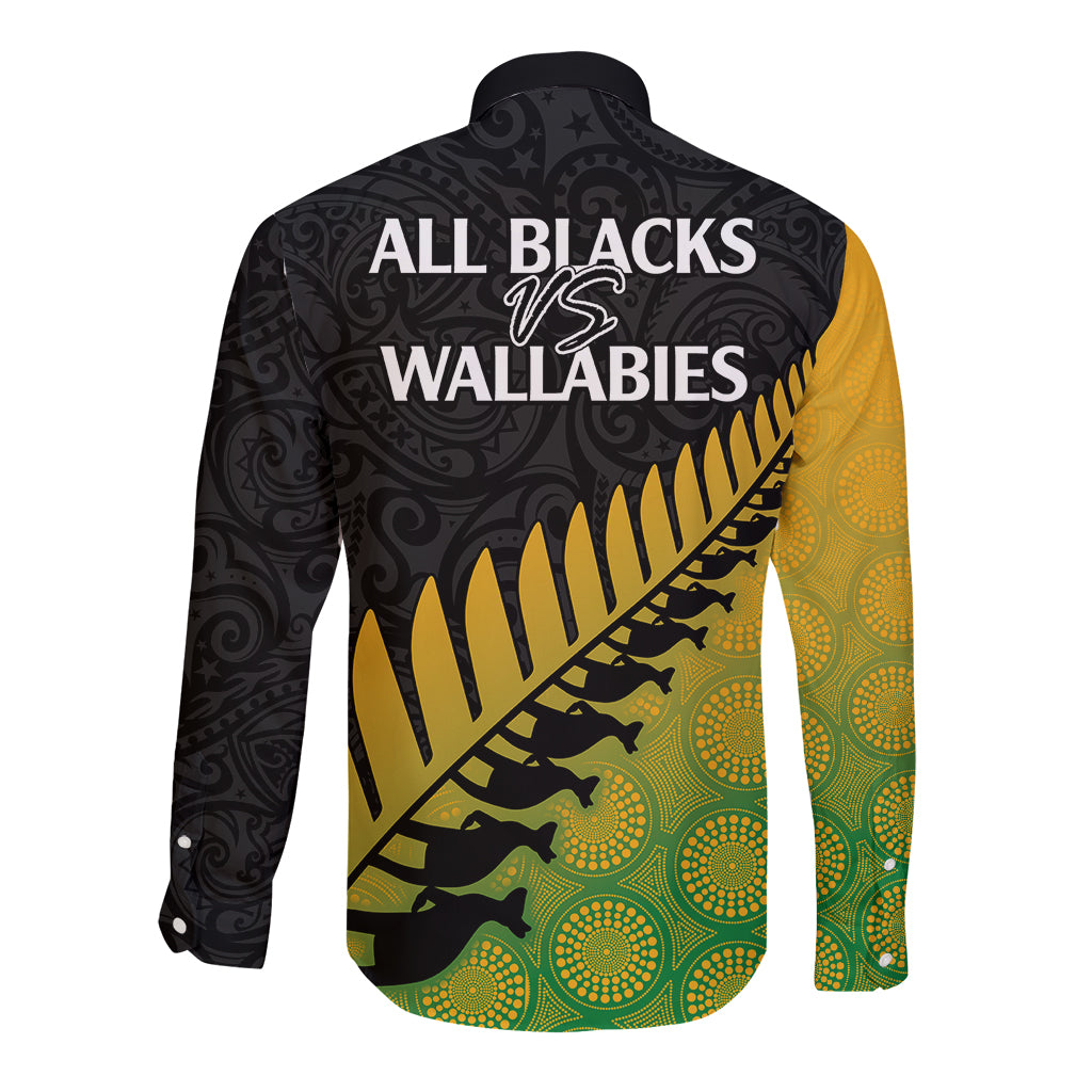 Australia Wallabies and Aotearoa Rugby Long Sleeve Button Shirt Kangaroo Black Fern Maori Gradient Vibe LT9 - Polynesian Pride