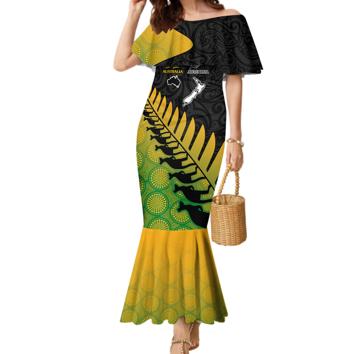 Australia Wallabies and Aotearoa Rugby Mermaid Dress Kangaroo Black Fern Maori Gradient Vibe LT9 Women Gradient - Polynesian Pride