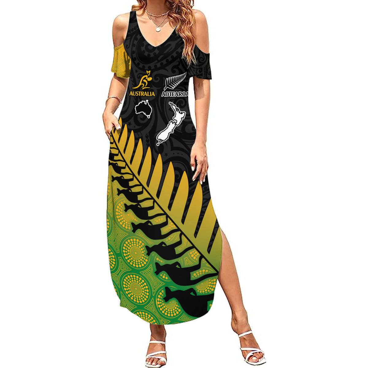 Australia Wallabies and Aotearoa Rugby Summer Maxi Dress Kangaroo Black Fern Maori Gradient Vibe LT9 Women Gradient - Polynesian Pride