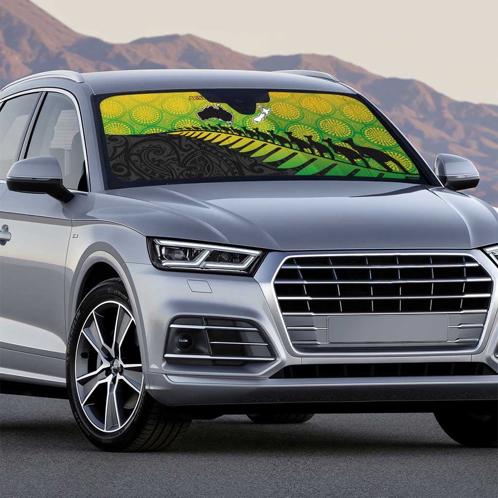 Australia New Zealand Rugby Auto Sun Shade Gradient Aboriginal Wallabies and Maori Black Fern - Polynesian Pride