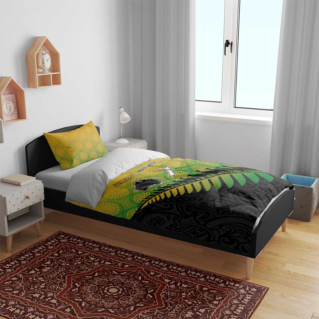 Australia New Zealand Rugby Bedding Set Gradient Aboriginal Wallabies and Maori Black Fern - Polynesian Pride