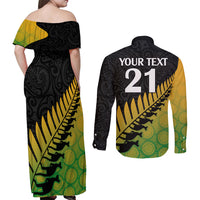 Custom Australia Wallabies and Aotearoa Rugby Couples Matching Off Shoulder Maxi Dress and Long Sleeve Button Shirts Kangaroo Black Fern Maori Gradient Vibe LT9 - Polynesian Pride