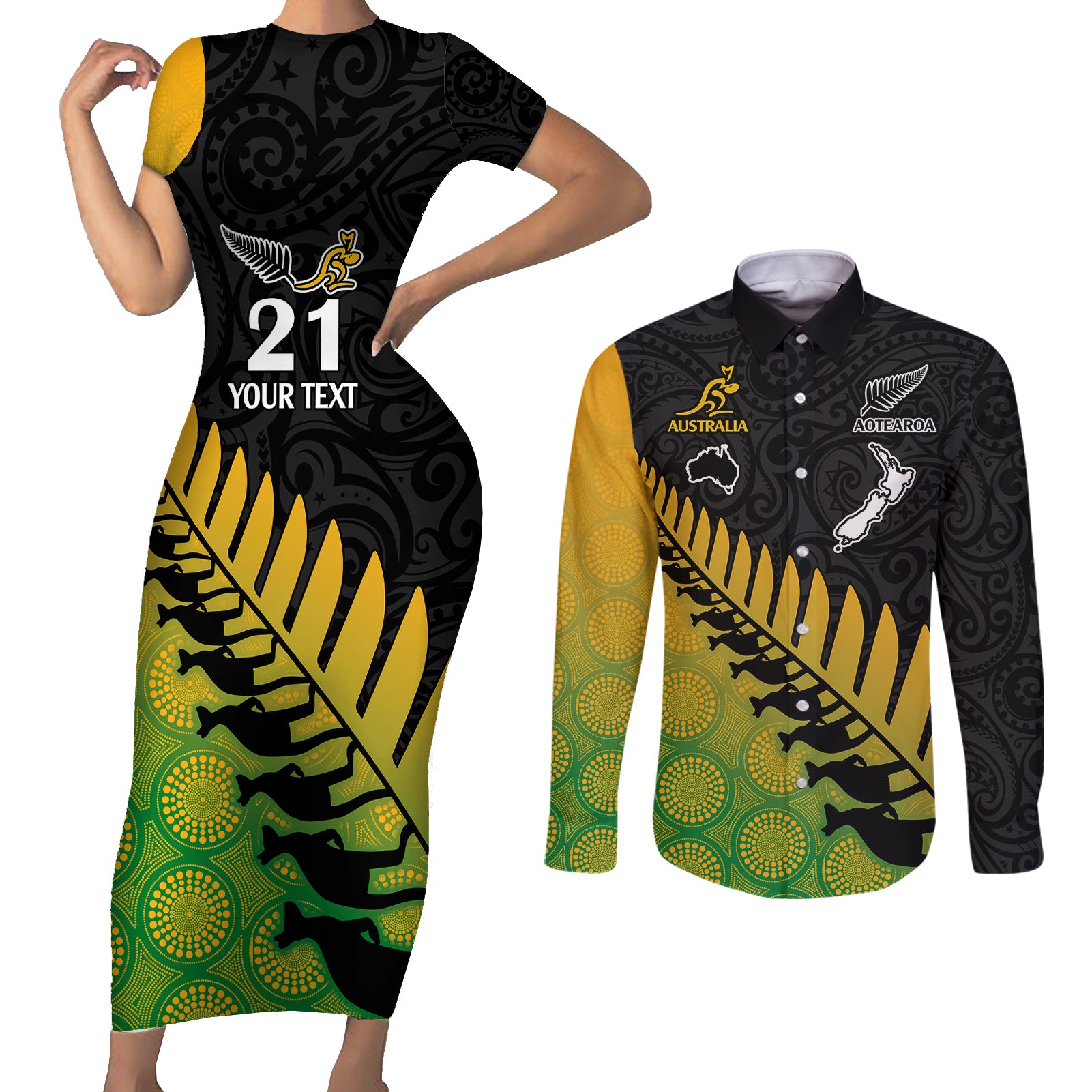 Custom Australia Wallabies and Aotearoa Rugby Couples Matching Short Sleeve Bodycon Dress and Long Sleeve Button Shirts Kangaroo Black Fern Maori Gradient Vibe LT9 Gradient - Polynesian Pride
