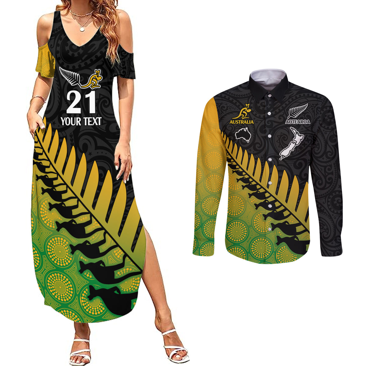 Custom Australia Wallabies and Aotearoa Rugby Couples Matching Summer Maxi Dress and Long Sleeve Button Shirts Kangaroo Black Fern Maori Gradient Vibe LT9 Gradient - Polynesian Pride