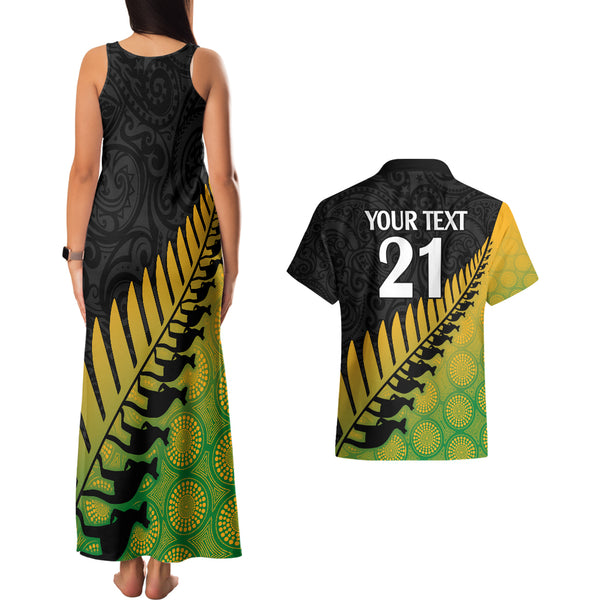 Australia Wallabies and Aotearoa Rugby Couples Matching Short Sleeve Bodycon Dress and Long Sleeve Button Shirts Kangaroo Black Fern Maori Gold Vibe LT9