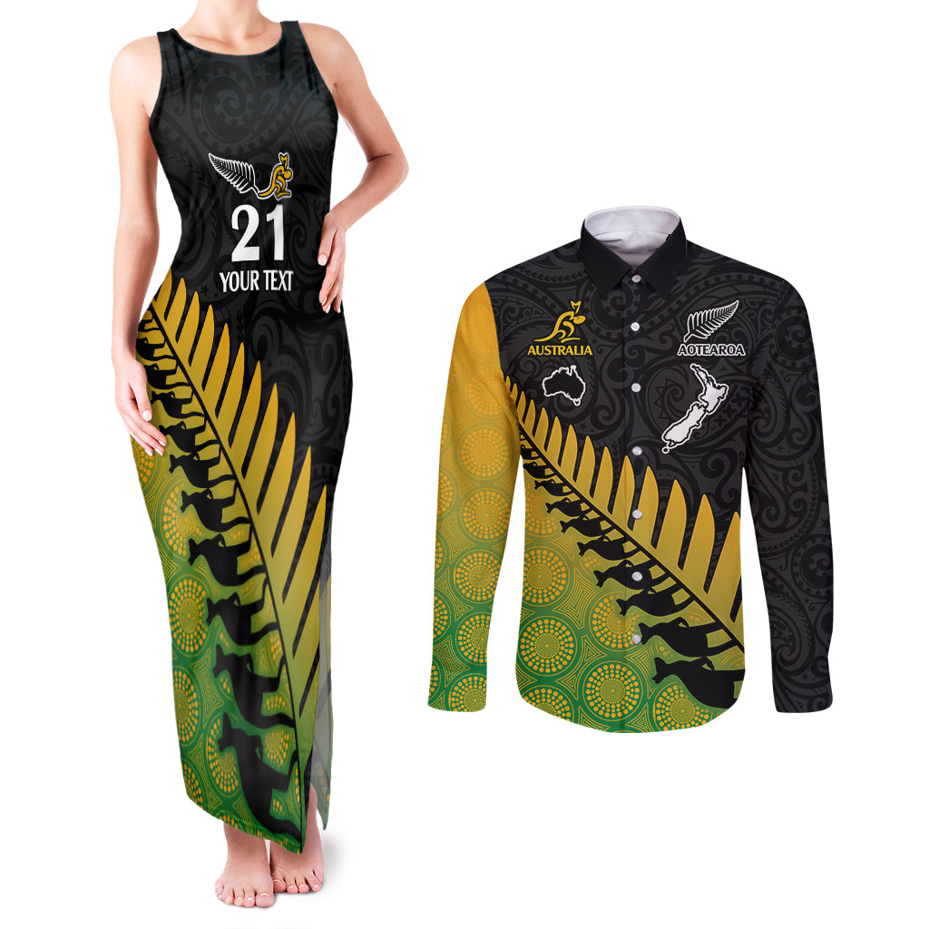 Custom Australia Wallabies and Aotearoa Rugby Couples Matching Tank Maxi Dress and Long Sleeve Button Shirts Kangaroo Black Fern Maori Gradient Vibe LT9 Gradient - Polynesian Pride