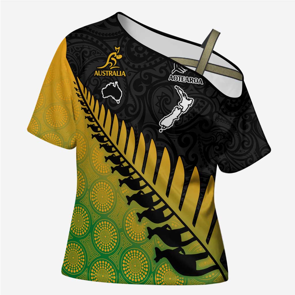 Australia New Zealand Rugby Cross Shoulder Shirt Gradient Aboriginal Wallabies and Maori Black Fern - Polynesian Pride