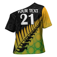 Australia New Zealand Rugby Cross Shoulder Shirt Gradient Aboriginal Wallabies and Maori Black Fern - Polynesian Pride