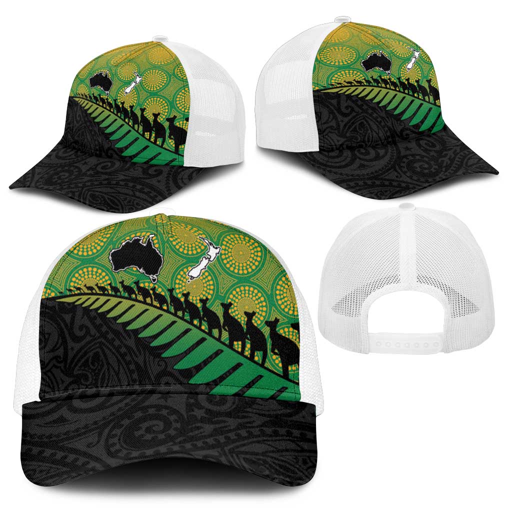 Australia New Zealand Rugby Mesh Trucker Cap Gradient Aboriginal Wallabies and Maori Black Fern - Polynesian Pride
