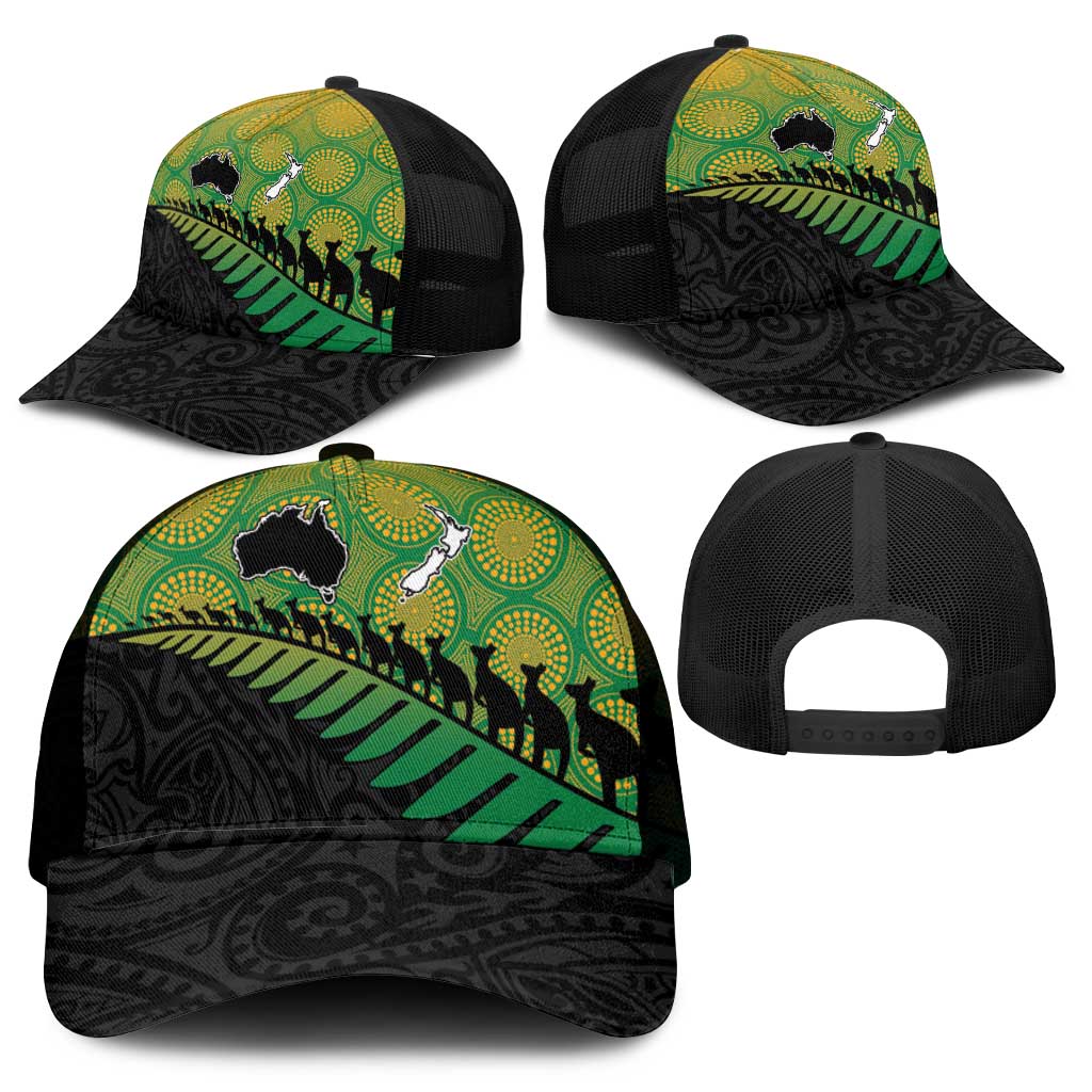 Australia New Zealand Rugby Mesh Trucker Cap Gradient Aboriginal Wallabies and Maori Black Fern - Polynesian Pride