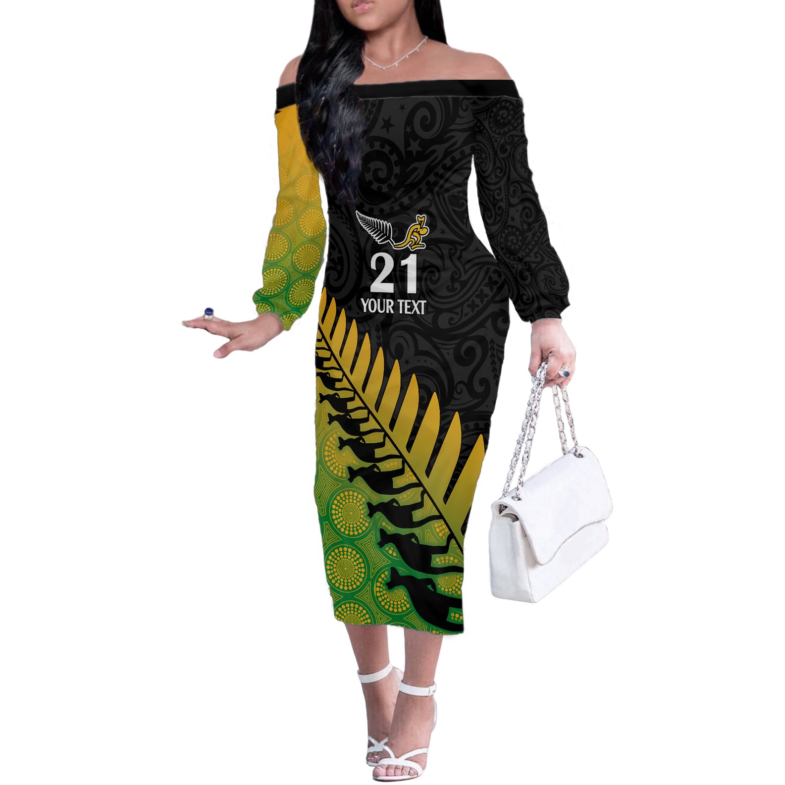 Custom Australia Wallabies and Aotearoa Rugby Off The Shoulder Long Sleeve Dress Kangaroo Black Fern Maori Gradient Vibe LT9 Women Gradient - Polynesian Pride