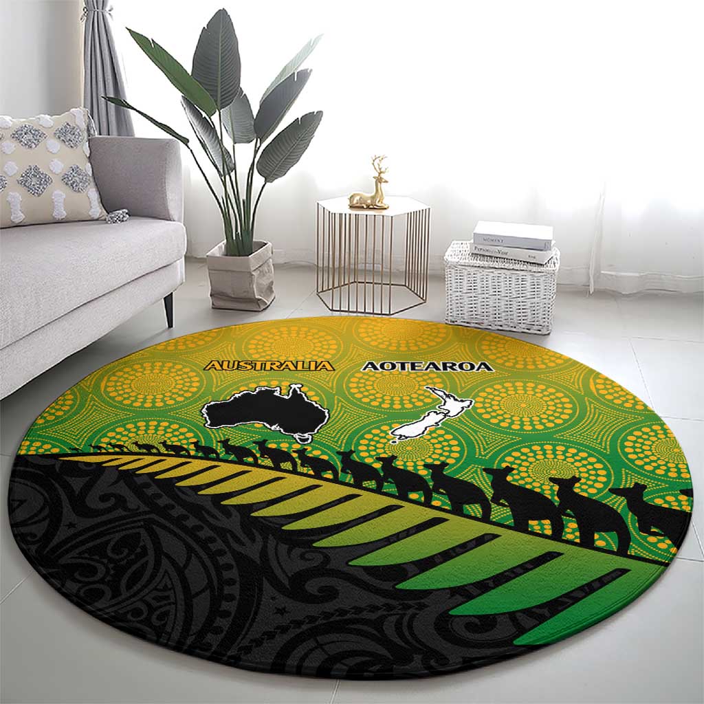 Australia New Zealand Rugby Round Carpet Gradient Aboriginal Wallabies and Maori Black Fern - Polynesian Pride