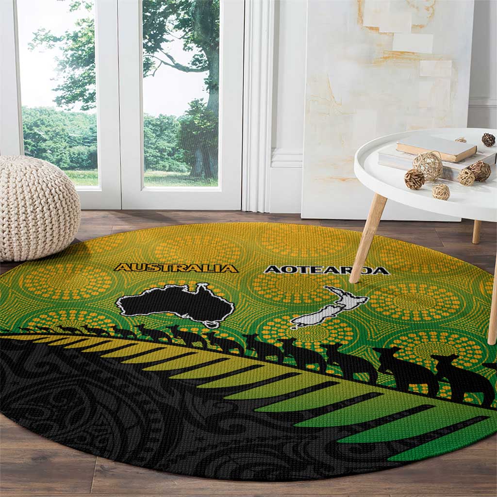 Australia New Zealand Rugby Round Carpet Gradient Aboriginal Wallabies and Maori Black Fern - Polynesian Pride