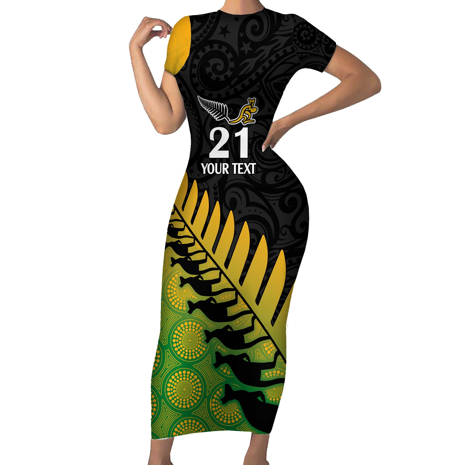 Custom Australia Wallabies and Aotearoa Rugby Short Sleeve Bodycon Dress Kangaroo Black Fern Maori Gradient Vibe LT9 Long Dress Gradient - Polynesian Pride