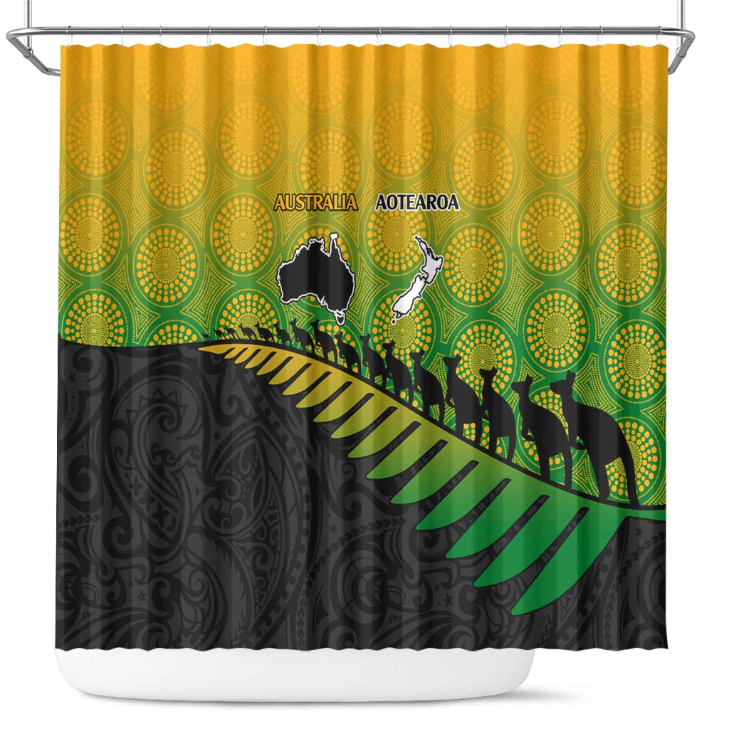 Australia New Zealand Rugby Shower Curtain Gradient Aboriginal Wallabies and Maori Black Fern - Polynesian Pride