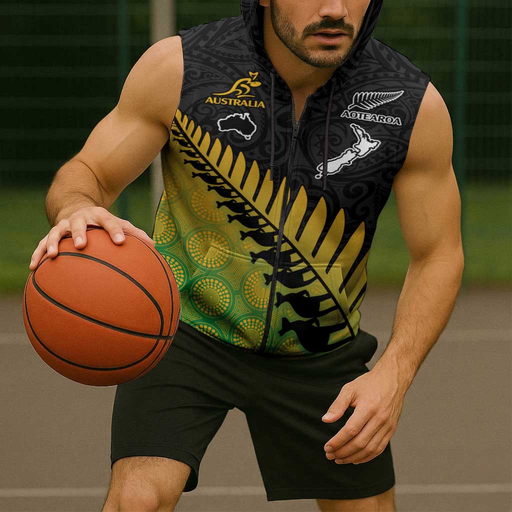 Australia New Zealand Rugby Custom Sleeveless Zip Hoodie Gradient Aboriginal Wallabies and Maori Black Fern LT9 - Polynesian Pride