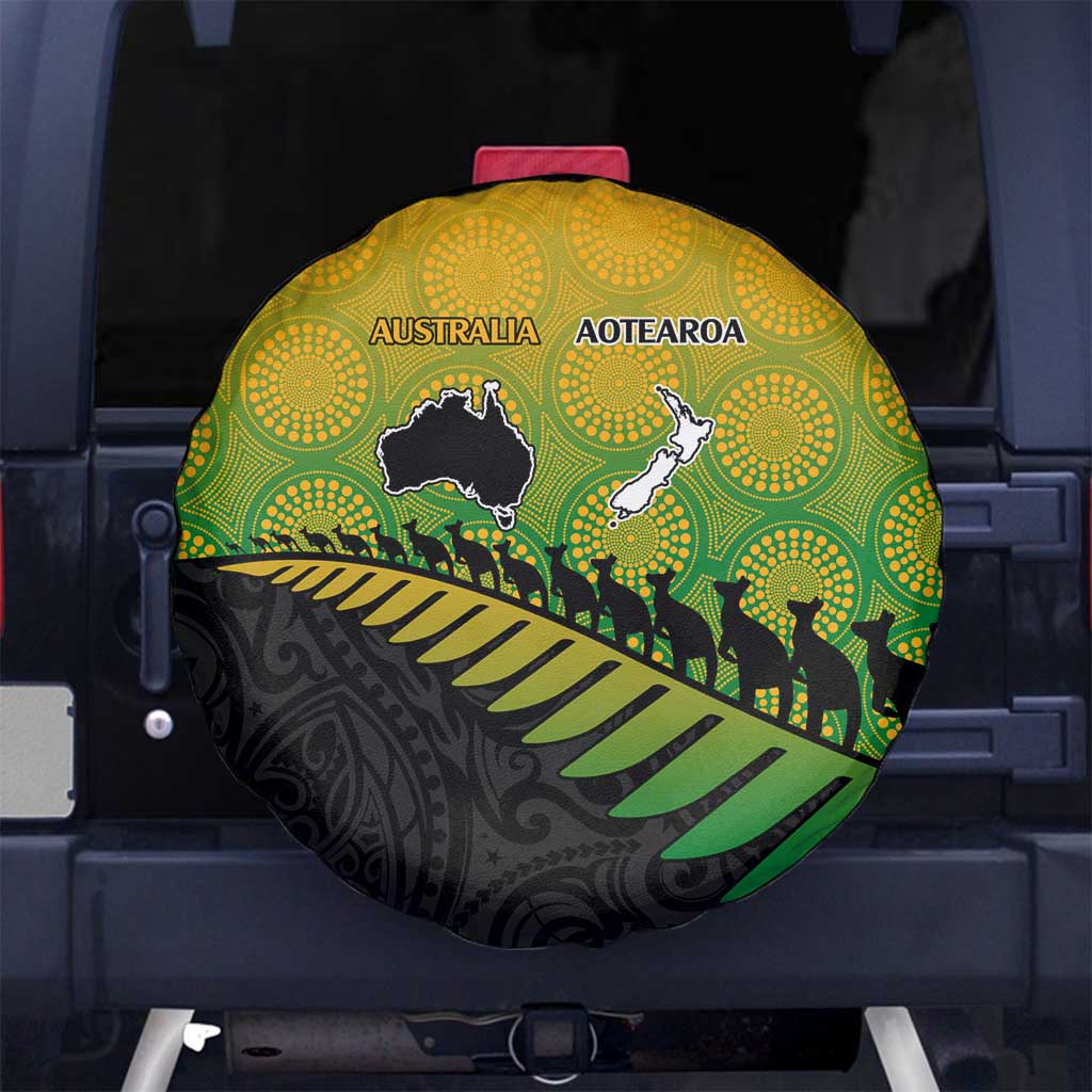 Australia New Zealand Rugby Spare Tire Cover Gradient Aboriginal Wallabies and Maori Black Fern - Polynesian Pride