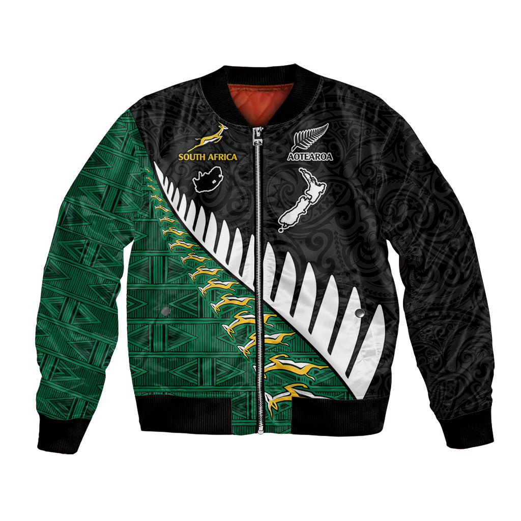 South Africa and Aotearoa Rugby Bomber Jacket Springboks Black Fern Maori Vibe LT9 Unisex Black - Polynesian Pride