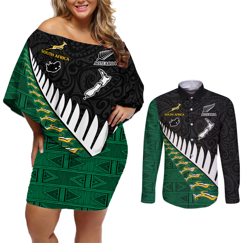 South Africa and Aotearoa Rugby Couples Matching Off Shoulder Short Dress and Long Sleeve Button Shirts Springboks Black Fern Maori Vibe LT9 Black - Polynesian Pride