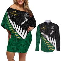 South Africa and Aotearoa Rugby Couples Matching Off Shoulder Short Dress and Long Sleeve Button Shirts Springboks Black Fern Maori Vibe LT9 Black - Polynesian Pride