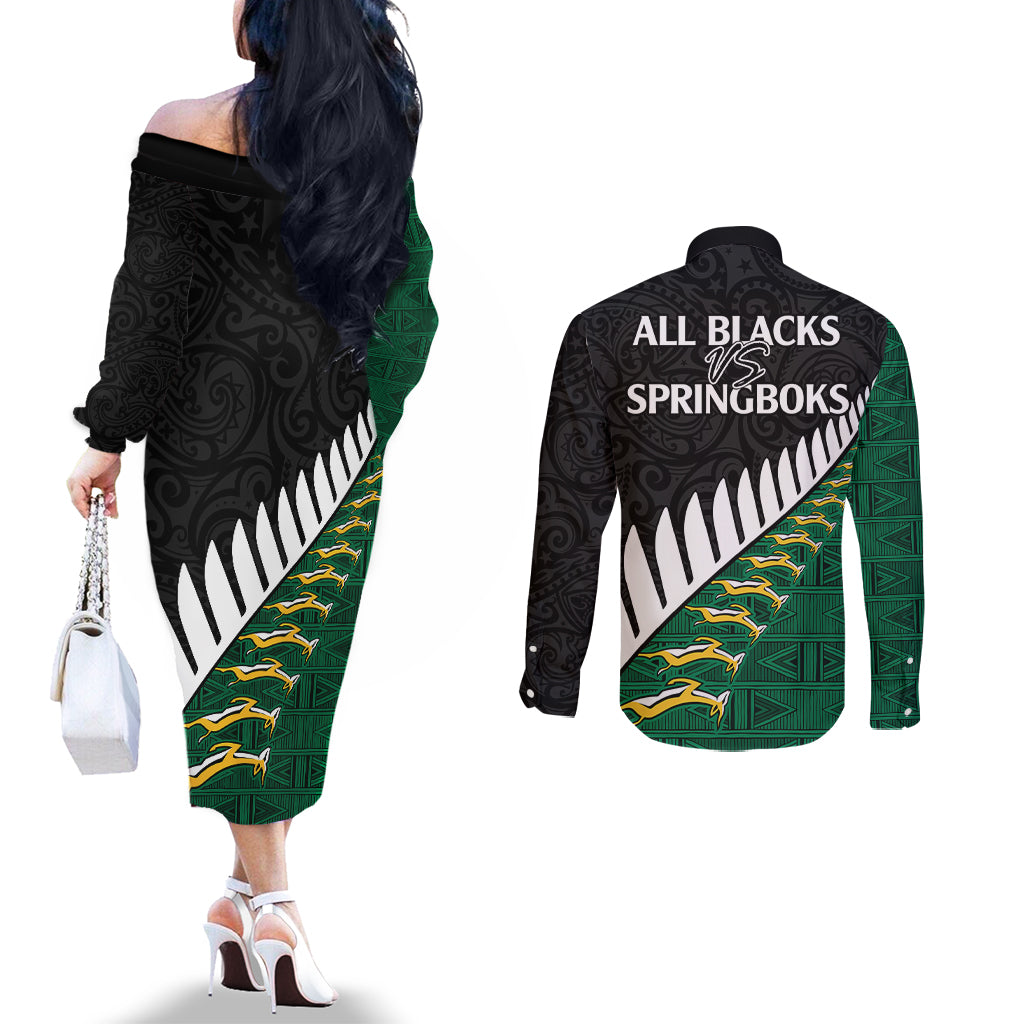 South Africa and Aotearoa Rugby Couples Matching Off The Shoulder Long Sleeve Dress and Long Sleeve Button Shirts Springboks Black Fern Maori Vibe LT9 - Polynesian Pride