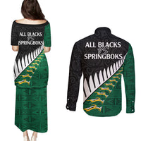 South Africa and Aotearoa Rugby Couples Matching Puletasi Dress and Long Sleeve Button Shirts Springboks Black Fern Maori Vibe LT9 - Polynesian Pride