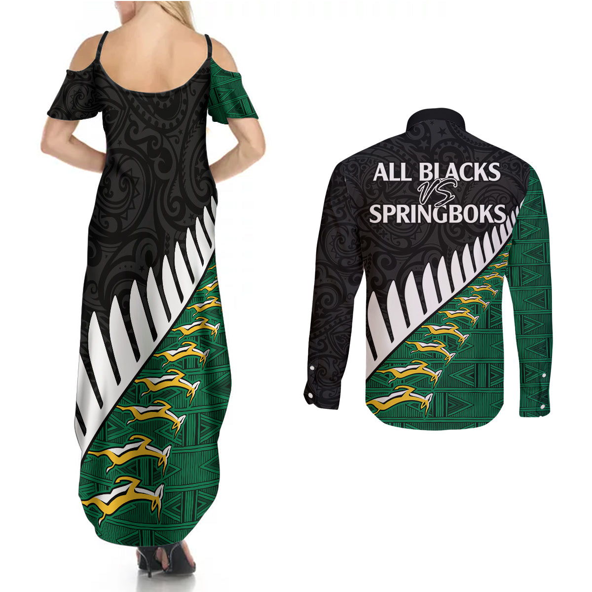 South Africa and Aotearoa Rugby Couples Matching Summer Maxi Dress and Long Sleeve Button Shirts Springboks Black Fern Maori Vibe LT9 - Polynesian Pride