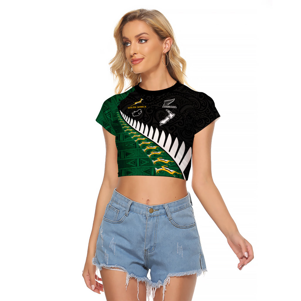South Africa and Aotearoa Rugby Raglan Cropped T Shirt Springboks Black Fern Maori Vibe LT9 Female Black - Polynesian Pride