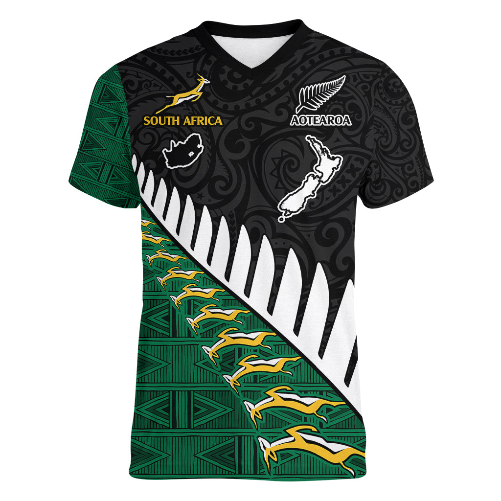 South Africa and Aotearoa Rugby Women V Neck T Shirt Springboks Black Fern Maori Vibe LT9 Female Black - Polynesian Pride