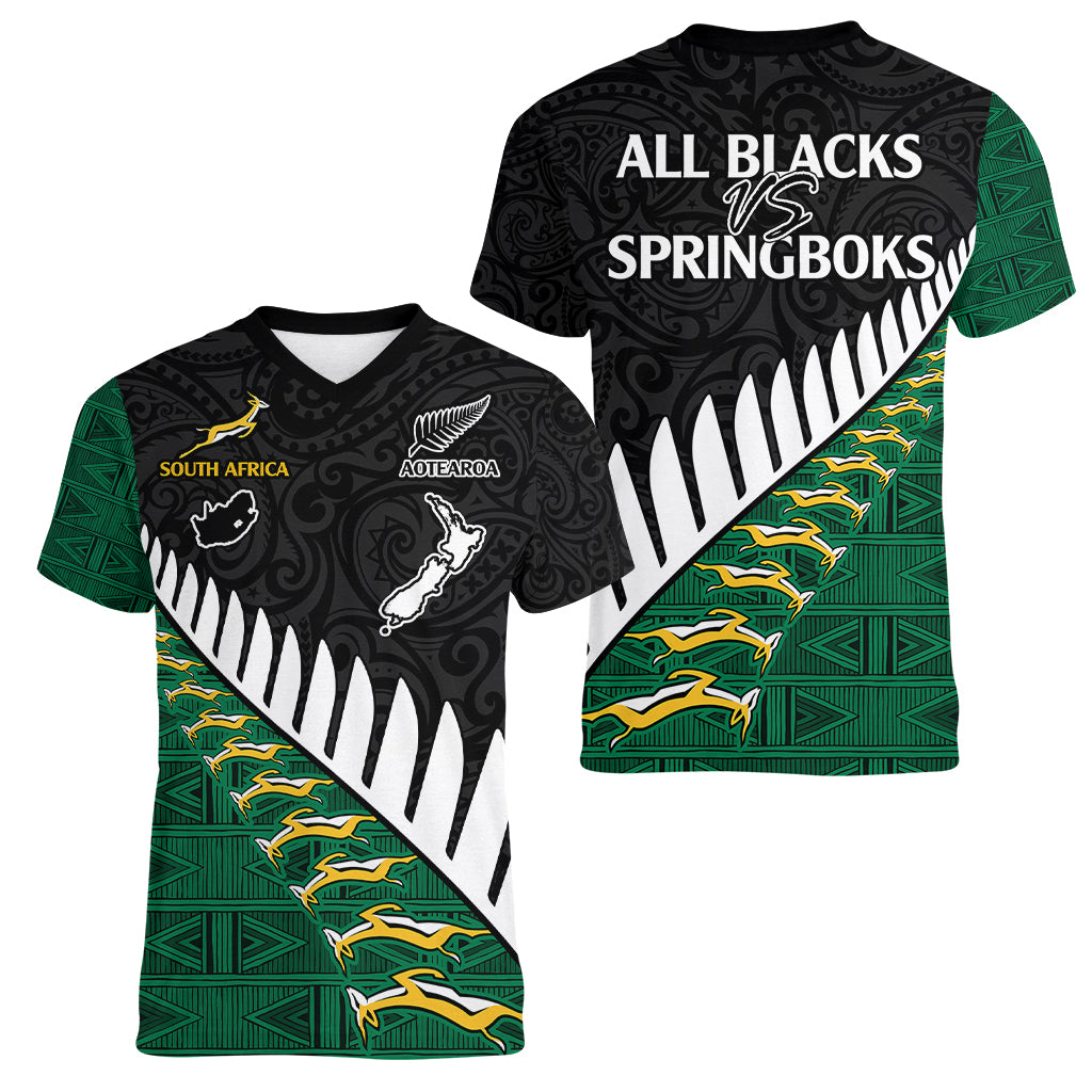 South Africa and Aotearoa Rugby Women V Neck T Shirt Springboks Black Fern Maori Vibe LT9 - Polynesian Pride
