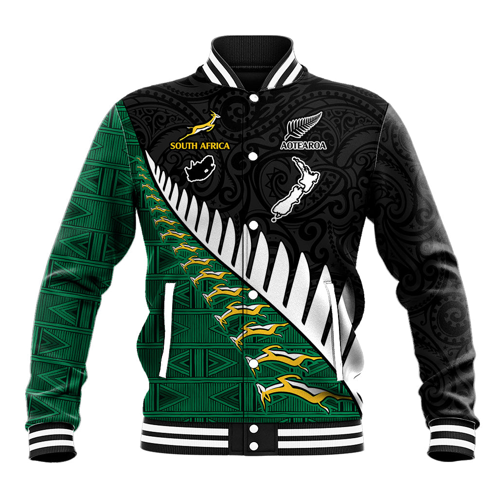 Custom South Africa and Aotearoa Rugby Baseball Jacket Springboks Black Fern Maori Vibe LT9 Unisex Black - Polynesian Pride