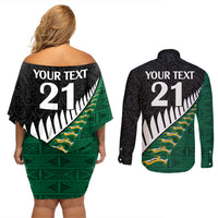 Custom South Africa and Aotearoa Rugby Couples Matching Off Shoulder Short Dress and Long Sleeve Button Shirts Springboks Black Fern Maori Vibe LT9 - Polynesian Pride