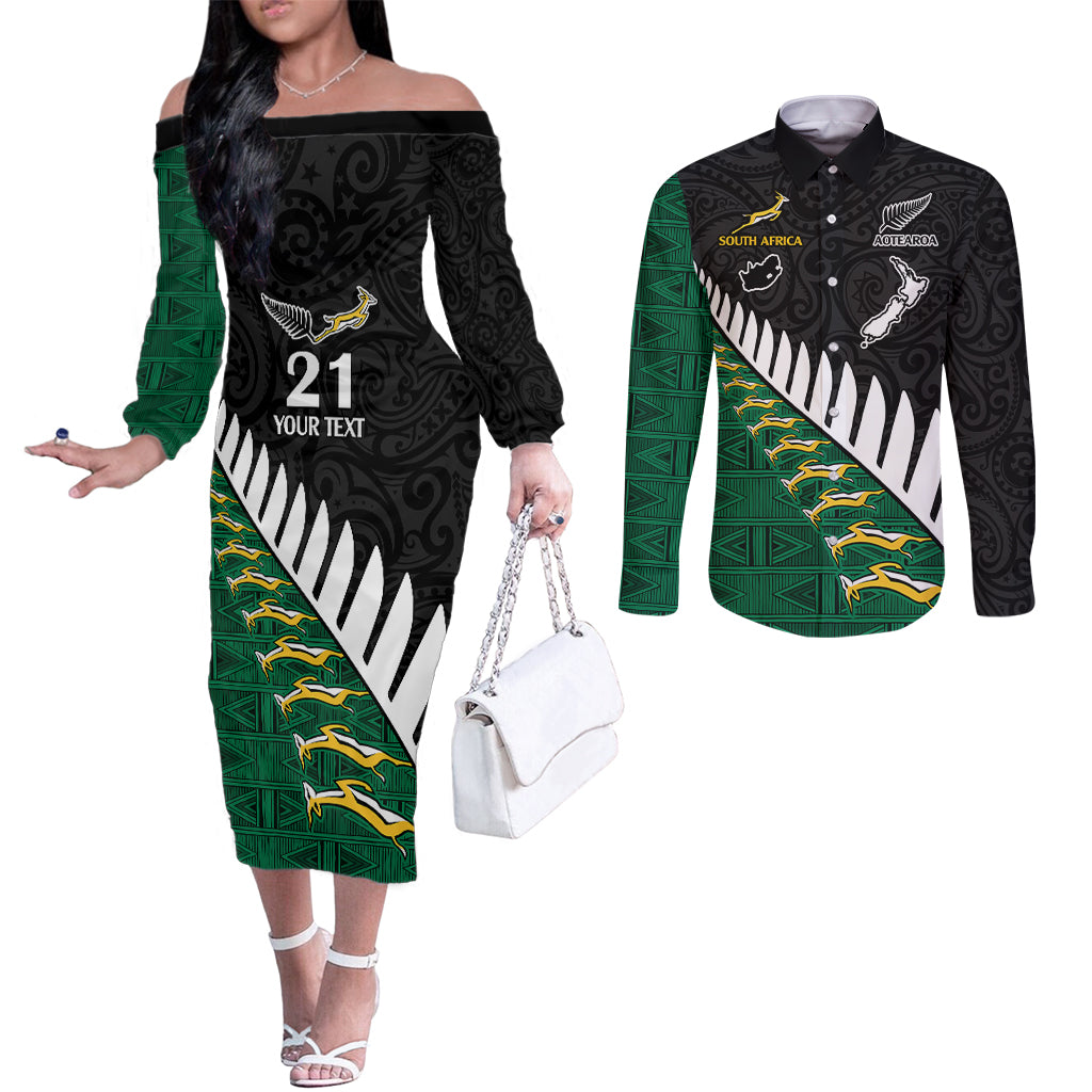 Custom South Africa and Aotearoa Rugby Couples Matching Off The Shoulder Long Sleeve Dress and Long Sleeve Button Shirts Springboks Black Fern Maori Vibe LT9 Black - Polynesian Pride