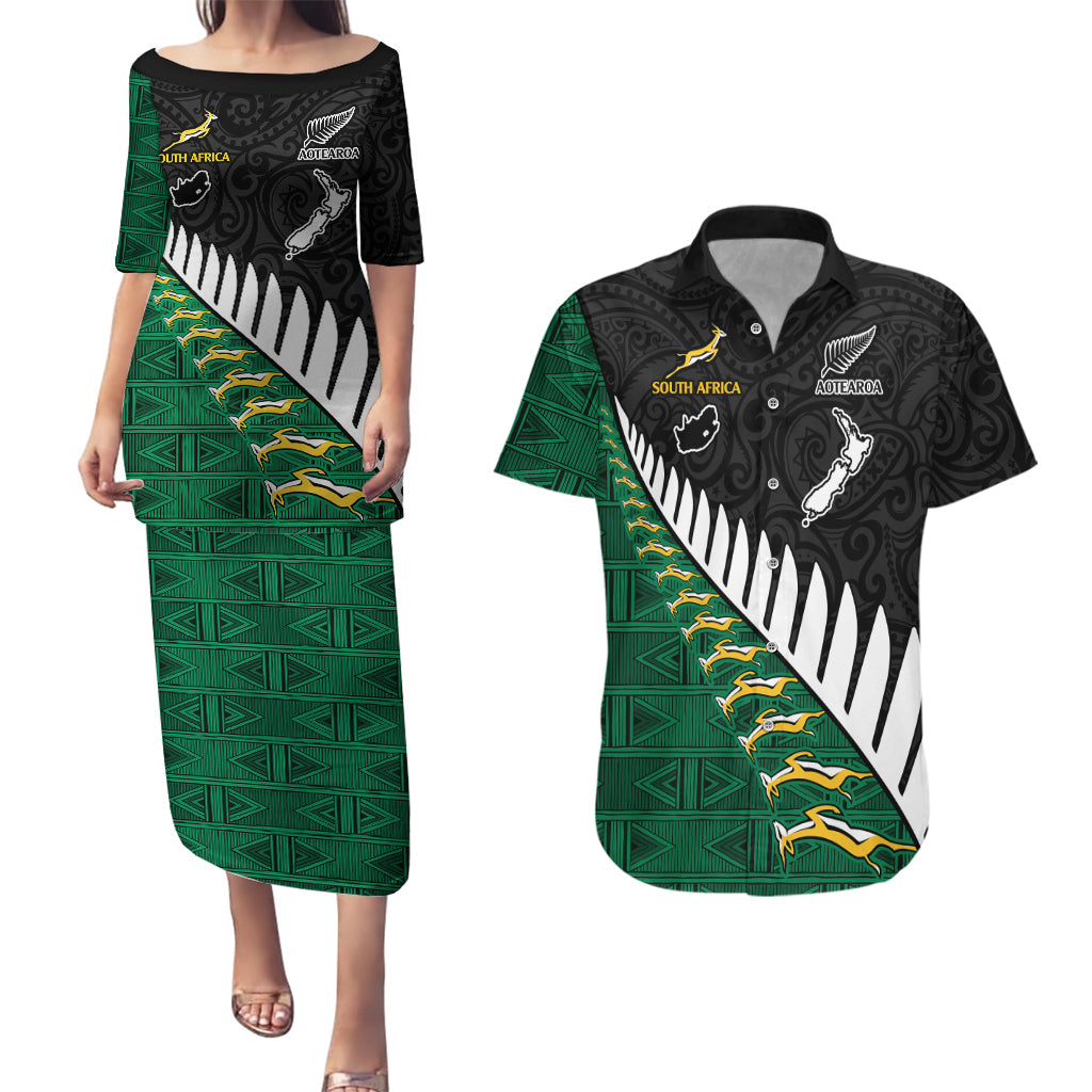 Custom South Africa and Aotearoa Rugby Couples Matching Puletasi Dress and Hawaiian Shirt Springboks Black Fern Maori Vibe LT9 Black - Polynesian Pride
