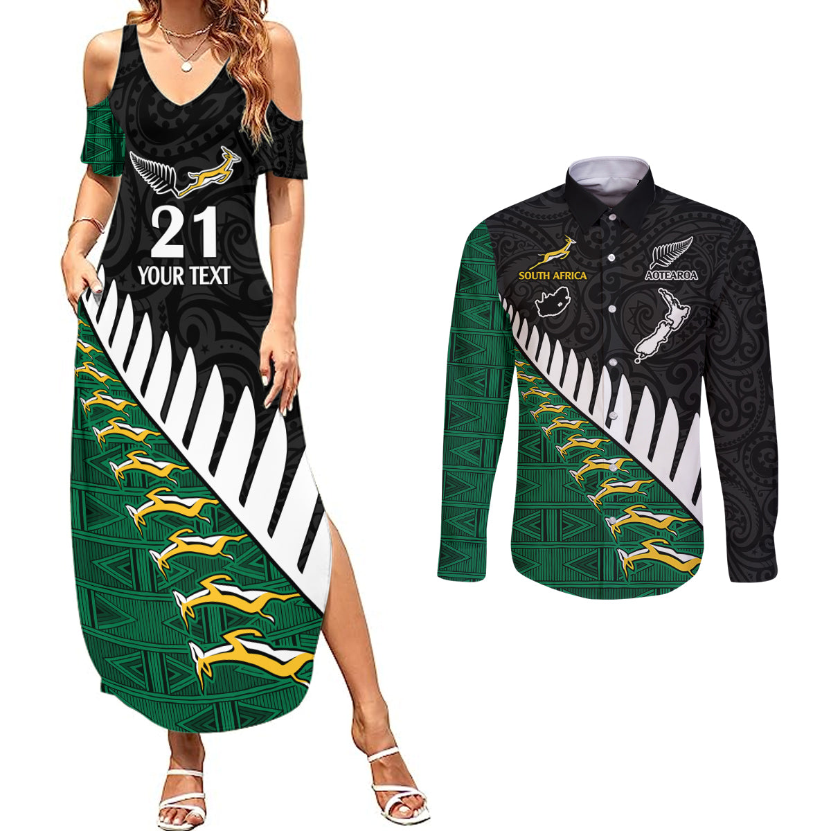 Custom South Africa and Aotearoa Rugby Couples Matching Summer Maxi Dress and Long Sleeve Button Shirts Springboks Black Fern Maori Vibe LT9 Black - Polynesian Pride