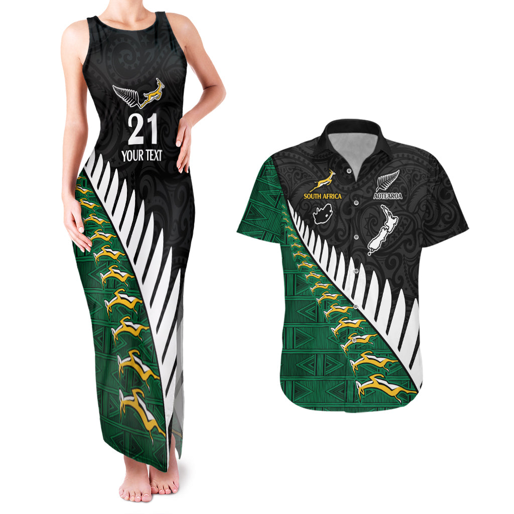 Custom South Africa and Aotearoa Rugby Couples Matching Tank Maxi Dress And Hawaiian Shirt Springboks Black Fern Maori Vibe LT9 Black - Polynesian Pride
